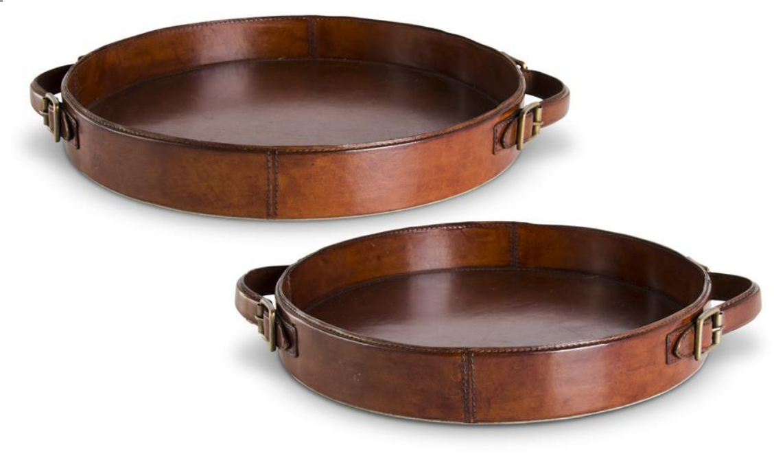 Set of 2 Brown Leather Round Trays w/Brass Buckle Handles