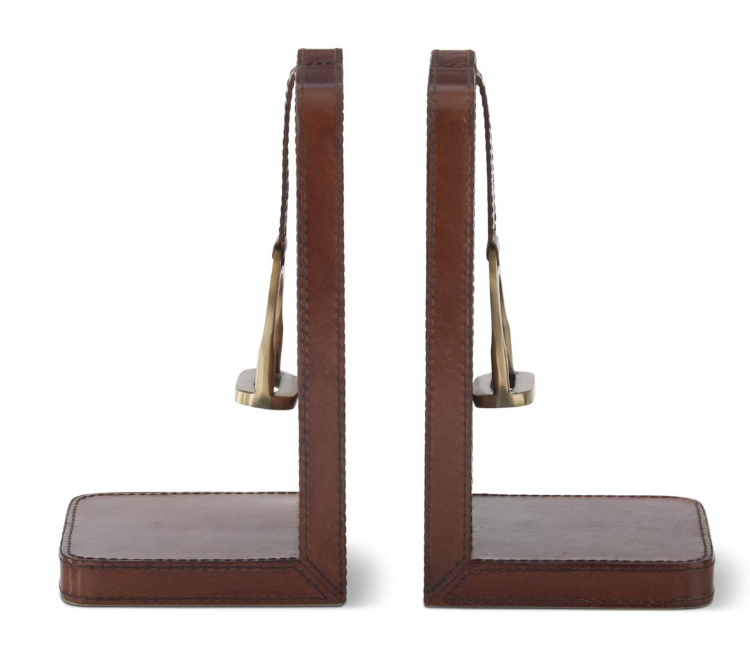 Set of 2 9.5 Inch Brown Leather Stirrup Detail Bookends