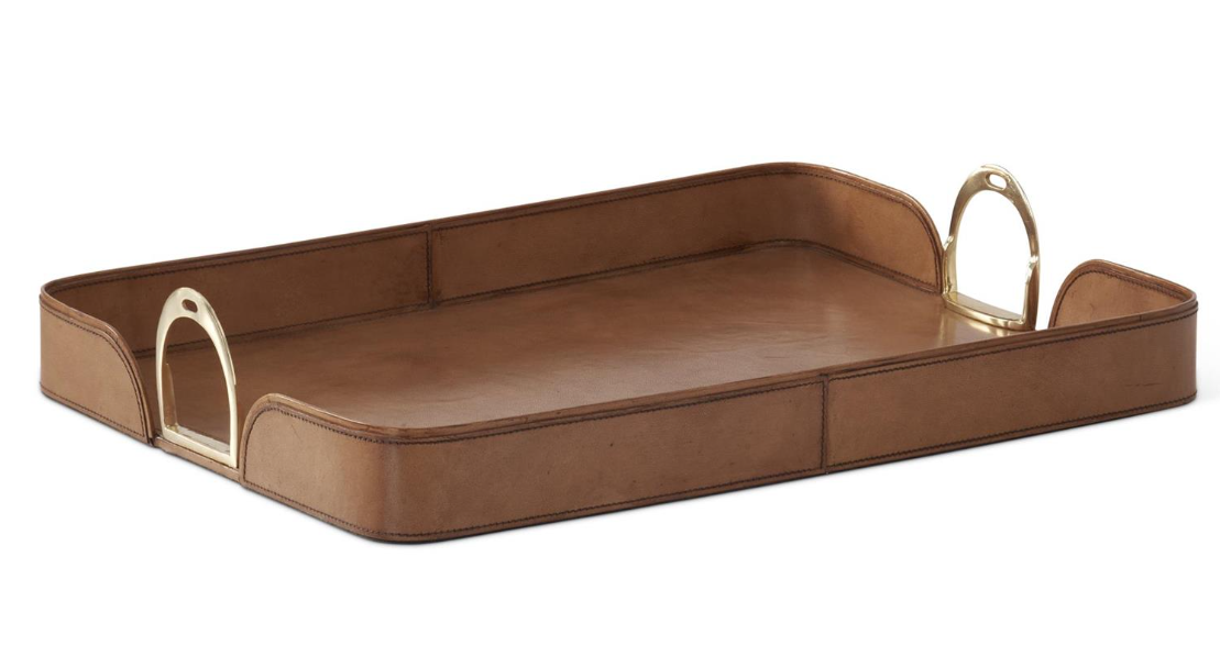 Set of 2 Brown Leather Nesting Trays w/Brass Handles