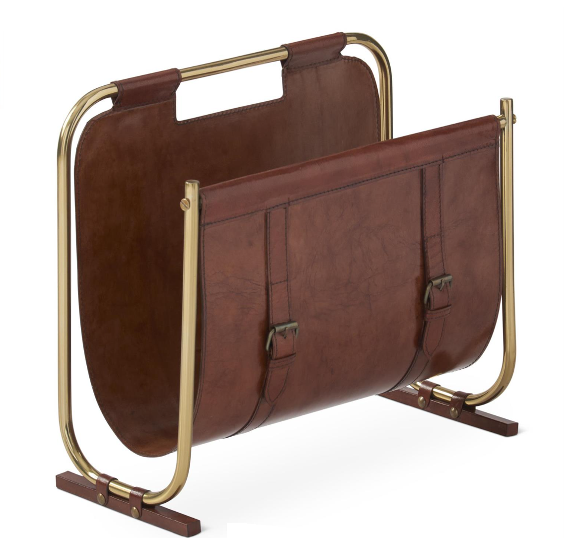 14.5 Inch Rust Leather Magazine Rack w/Brass Accents