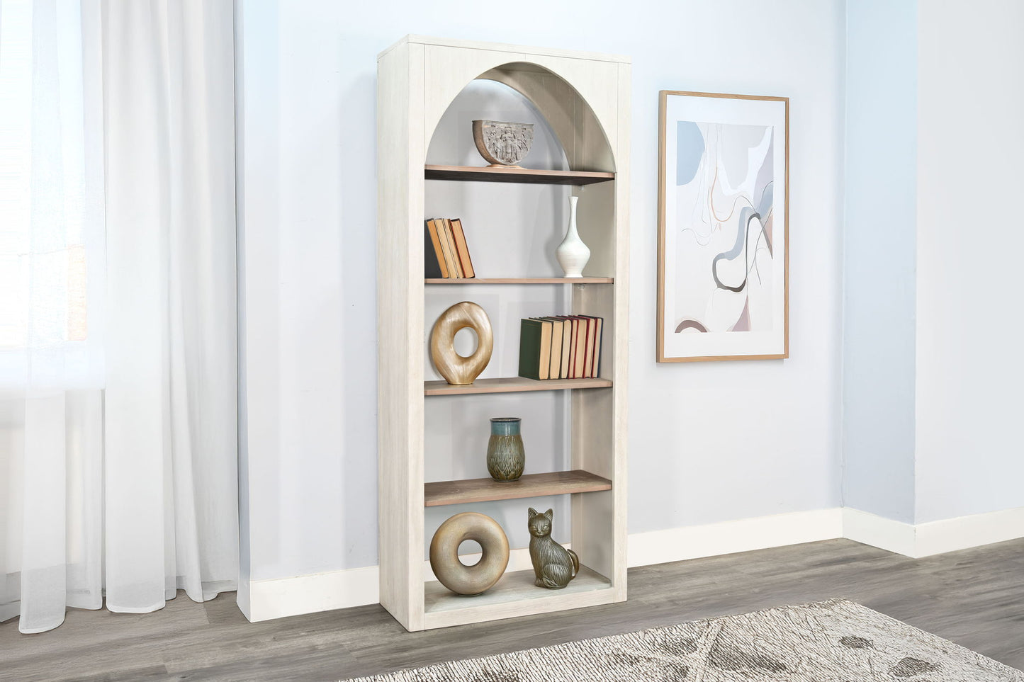 Tall Arched Wood Bookshelf With Open Shelving