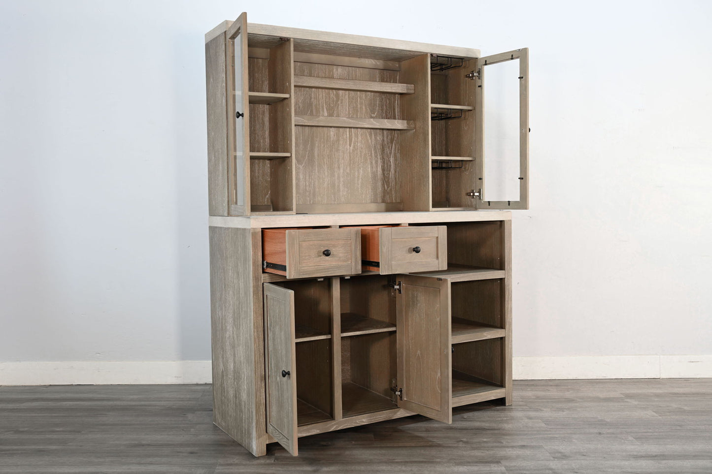 Rustic Wood Bar Cabinet With Hutch - Light Gray / Wheat