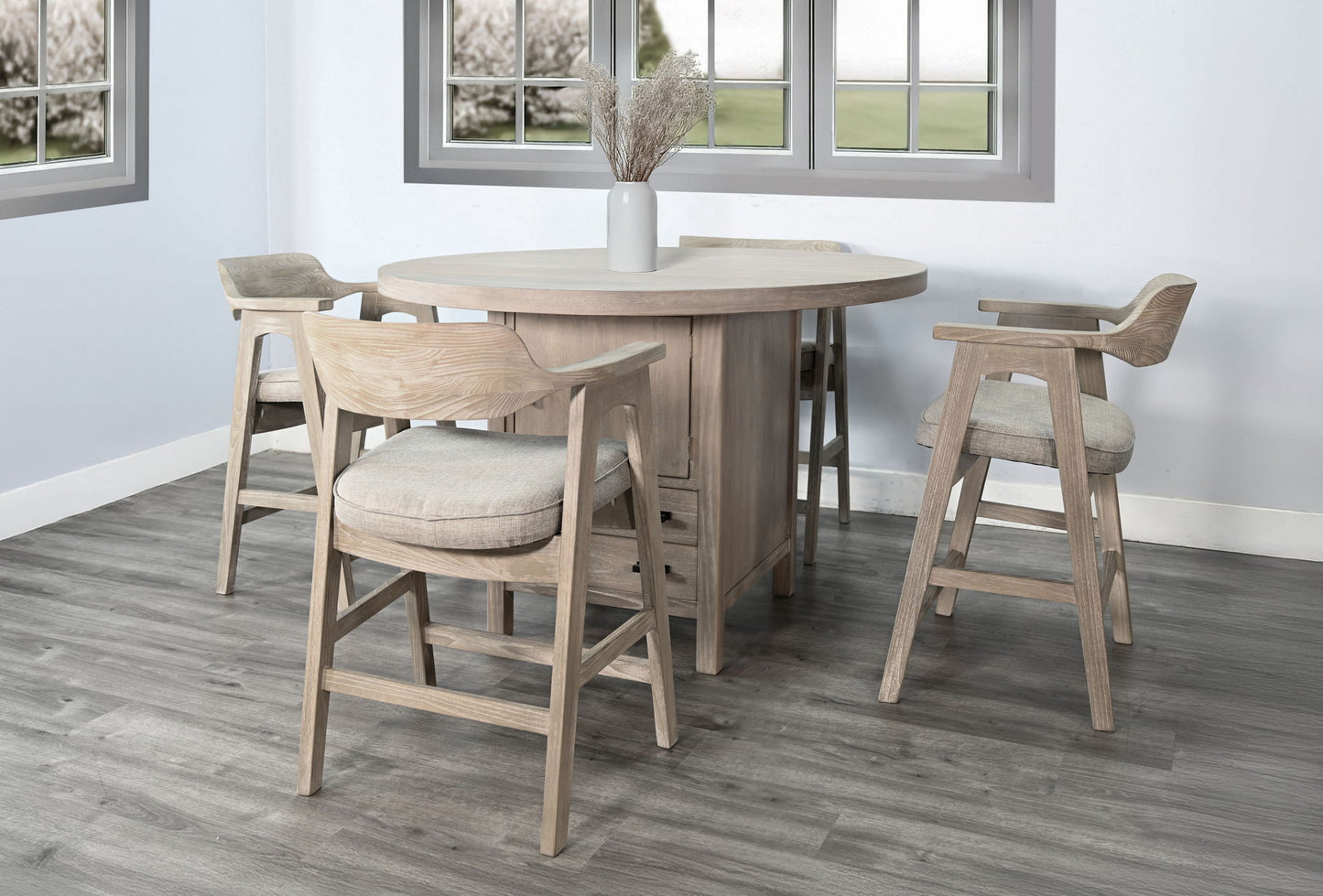 Round Dining Table With Built-in Storage Cabinet And Drawers - Wheat