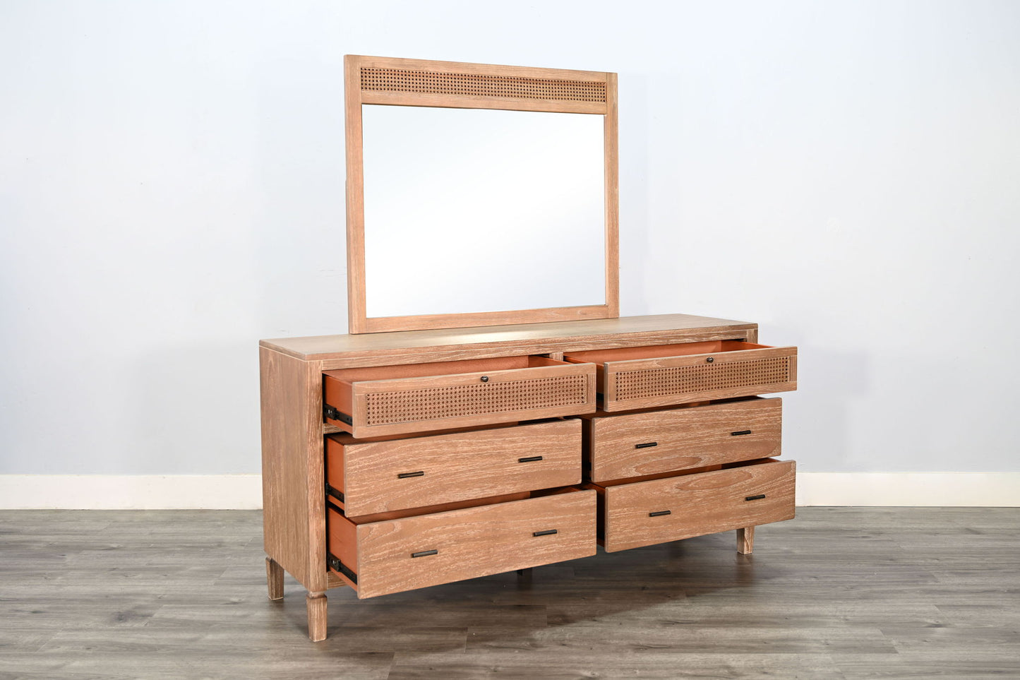 Natural Wood 6-Drawer Dresser With Rattan Accents