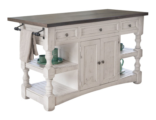 Stone - Kitchen Island With 3 Drawer / 2 Doors / 4 Shelves And Casters - Antiqued Ivory / Weathered Gray