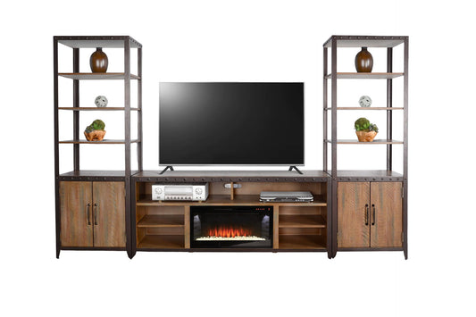 111" Media Wall With Electric Fireplace - Antique Brown