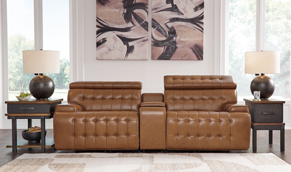 Temmpton - 3-Piece Power Reclining Sectional Loveseat With Console - Chocolate