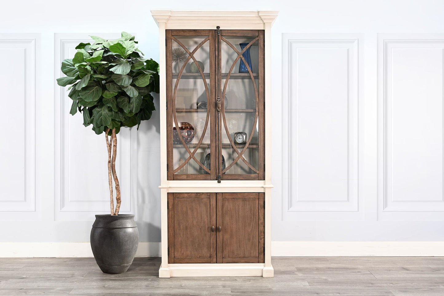 Two-Tone Display Cabinet With Glass Doors - Buckskin / Marble White
