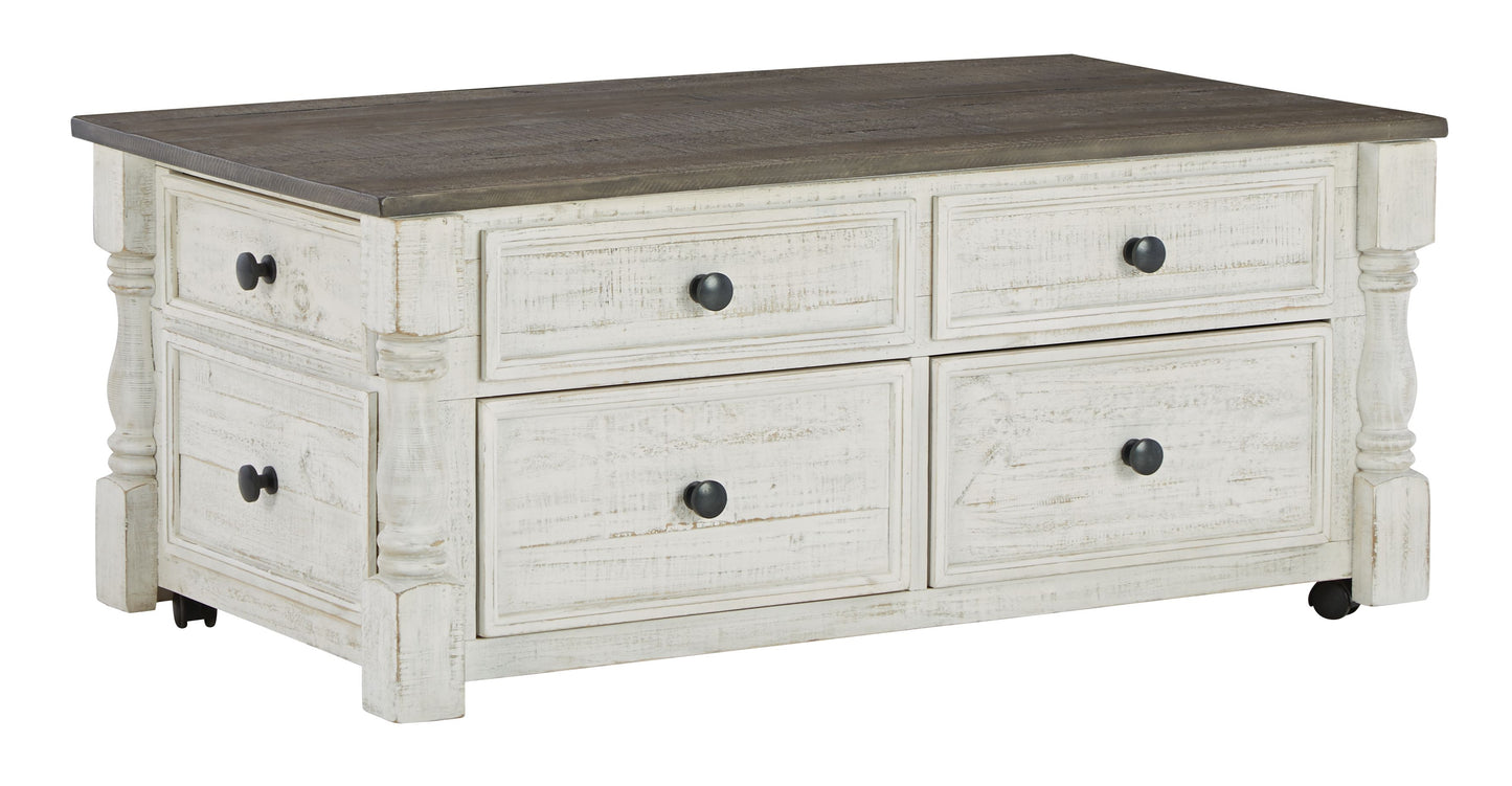 Havalance - Lift Top Cocktail Table with Storage Drawers - White / Gray