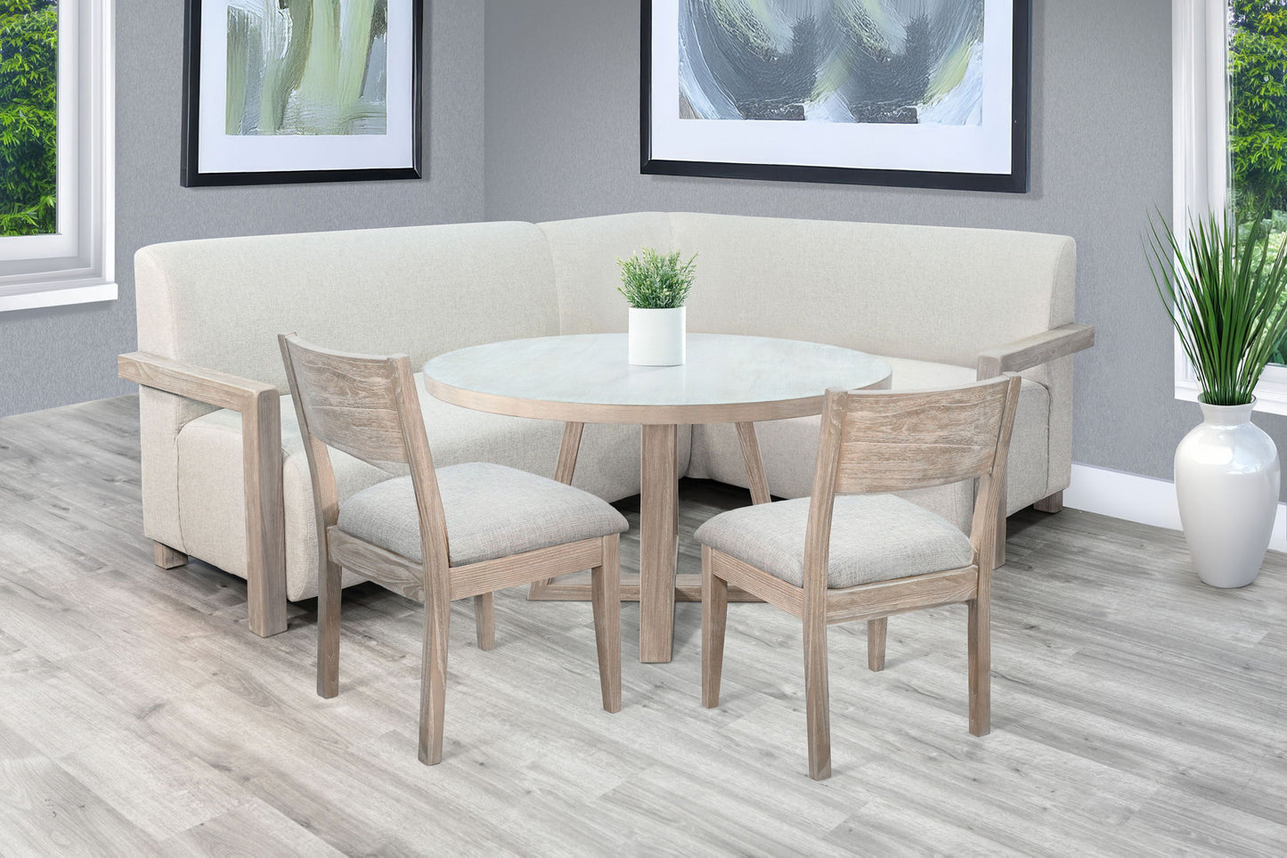 4-Piece Upholstered Dining Set (Bench, Round Table, 2 Side Chairs) - Wheat