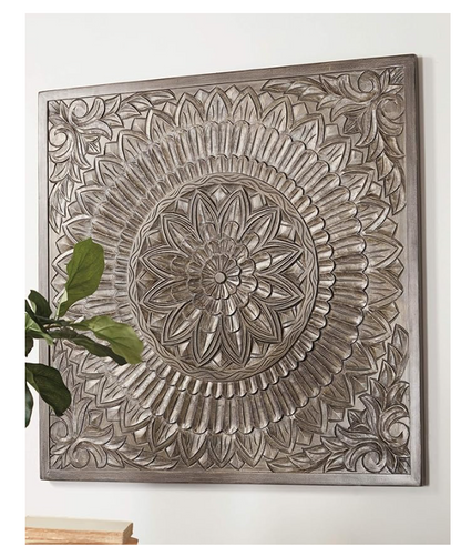 Briony Boho 36" Medallion Floral Design Wall Art, Antique Gray