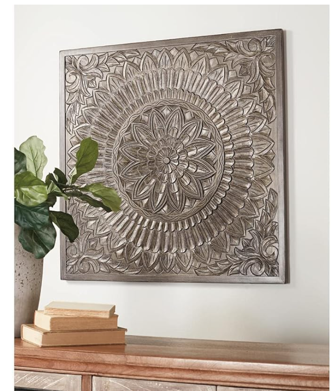 Briony Boho 36" Medallion Floral Design Wall Art, Antique Gray