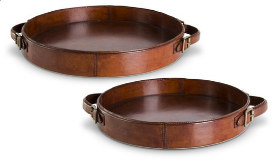 Set of 2 Brown Leather Round Trays w/Brass Buckle Handles