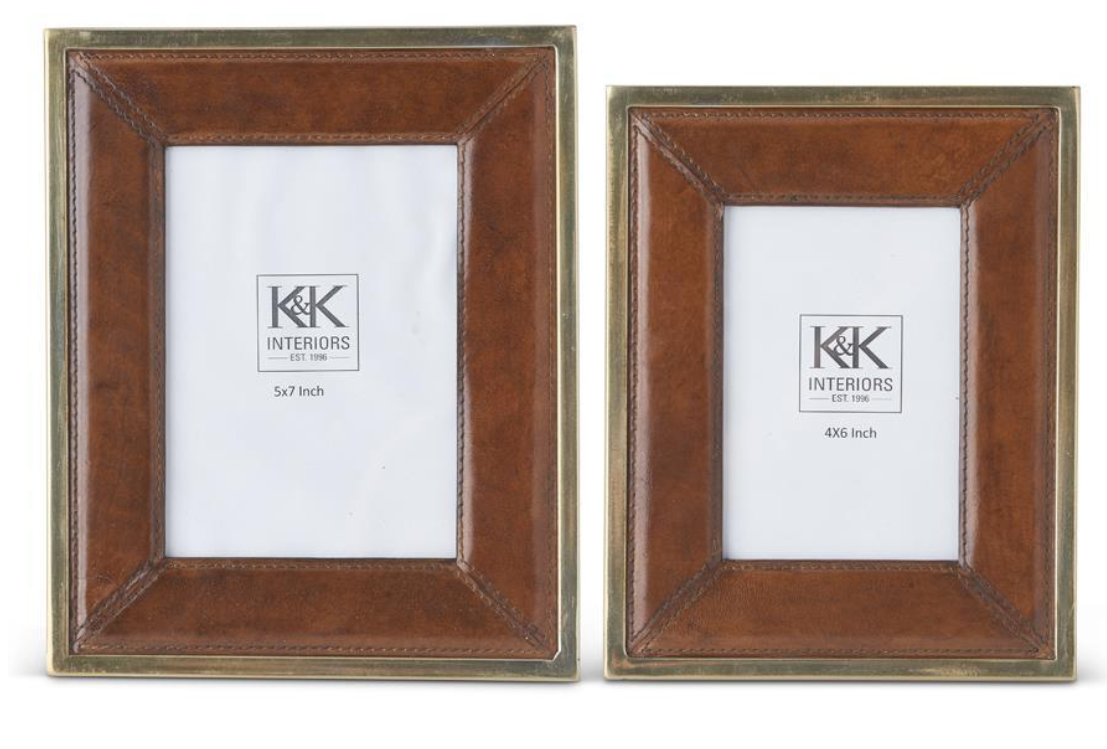 Set of 2 Brown Leather Gold Metal Trimmed Photo Frames