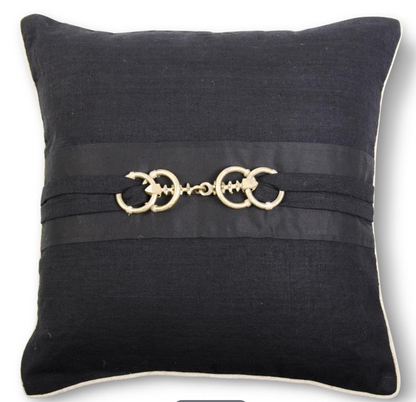 20 Inch Square Black Linen Pillow w/Gold Horse Bit Buckle