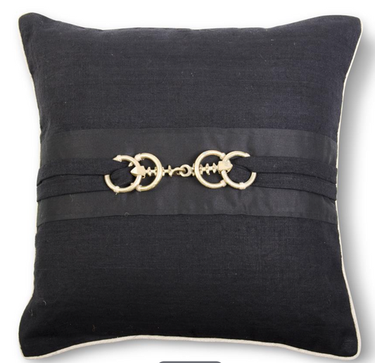 20 Inch Square Black Linen Pillow w/Gold Horse Bit Buckle