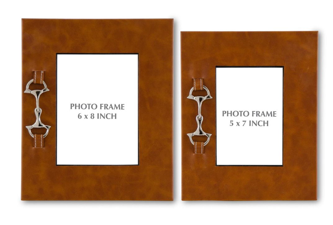 Set of 2 Tan Leather Photo Frames w/Silver Horse Bit