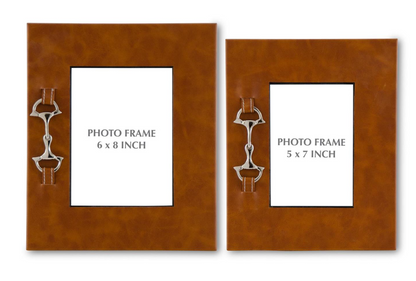 Set of 2 Tan Leather Photo Frames w/Silver Horse Bit