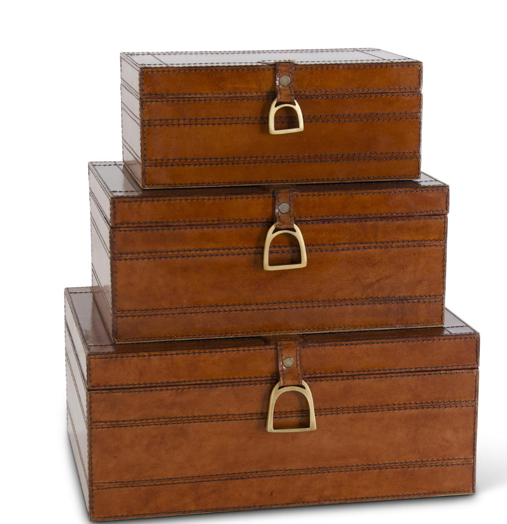 Set of 3 Brown Leather Suede Lined Nesting Boxes w/Stirrup Latch