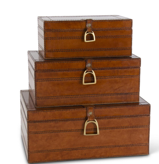 Set of 3 Brown Leather Suede Lined Nesting Boxes w/Stirrup Latch