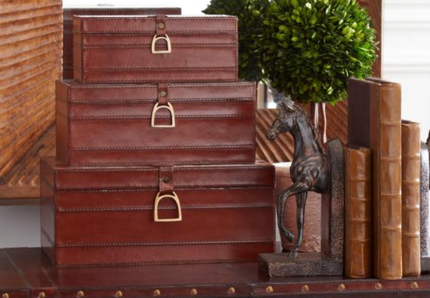 Set of 3 Brown Leather Suede Lined Nesting Boxes w/Stirrup Latch