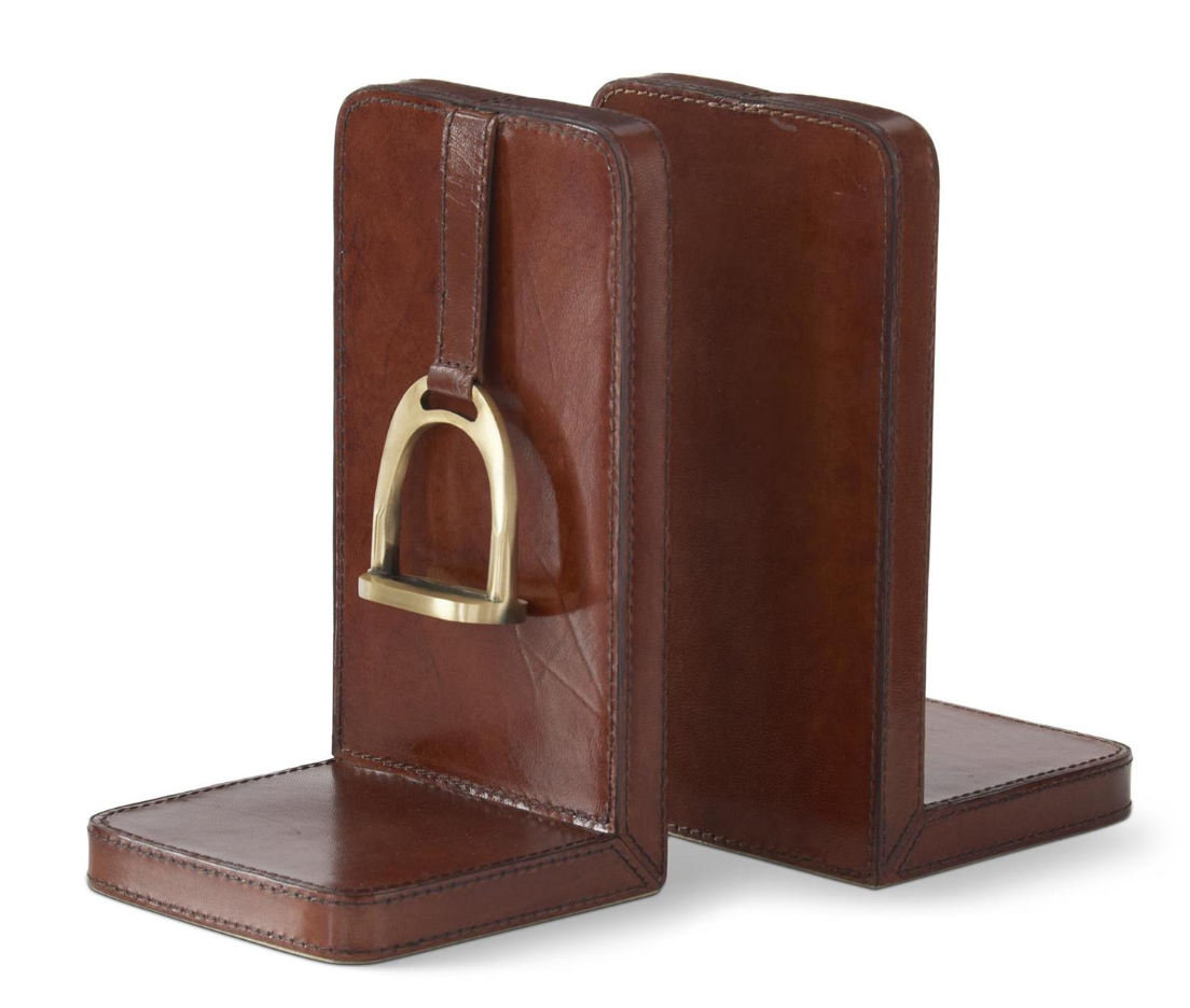 Set of 2 9.5 Inch Brown Leather Stirrup Detail Bookends
