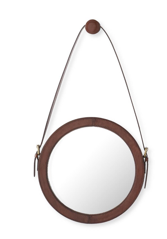 12 Inch Brown Leather Framed Strap Hung Round Wall Mirror