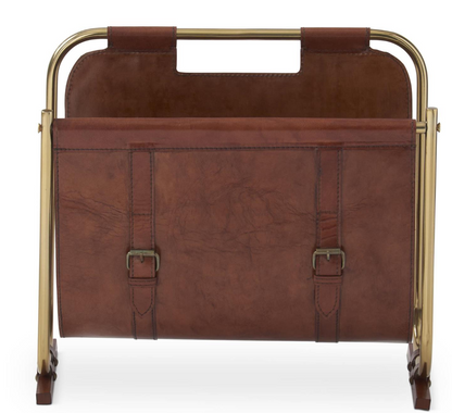 14.5 Inch Rust Leather Magazine Rack w/Brass Accents