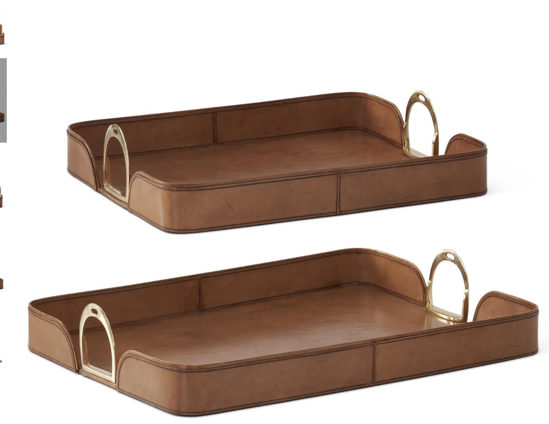 Set of 2 Brown Leather Nesting Trays w/Brass Handles