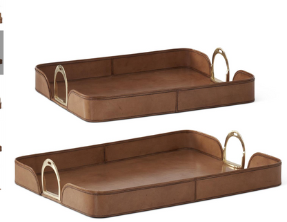 Set of 2 Brown Leather Nesting Trays w/Brass Handles