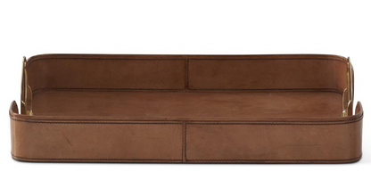 Set of 2 Brown Leather Nesting Trays w/Brass Handles