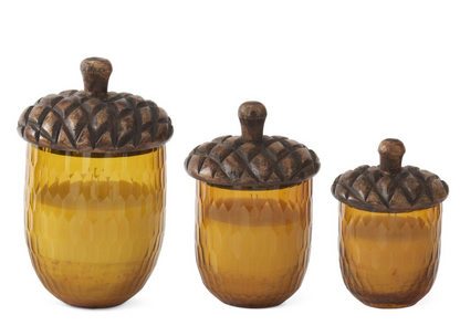 Set of 3 Amber Glass Acorn Filled Candles w/ Wood Lid
