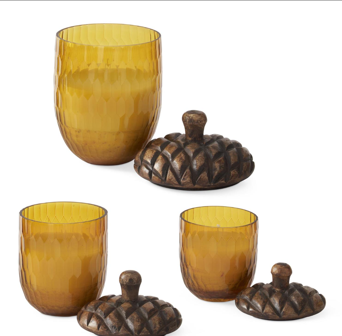 Set of 3 Amber Glass Acorn Filled Candles w/ Wood Lid