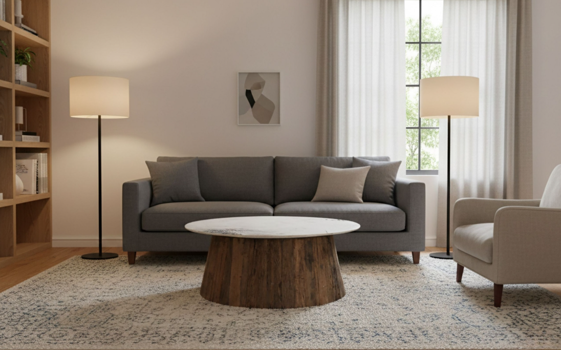 Oval Wood Coffee Table with Marble Top