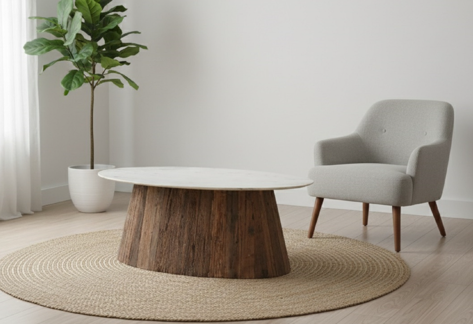 Oval Wood Coffee Table with Marble Top