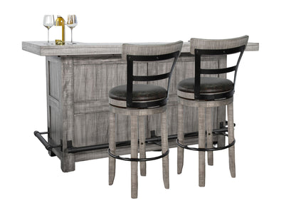 Traditional Wood Home Bar With Stools With Metal Back