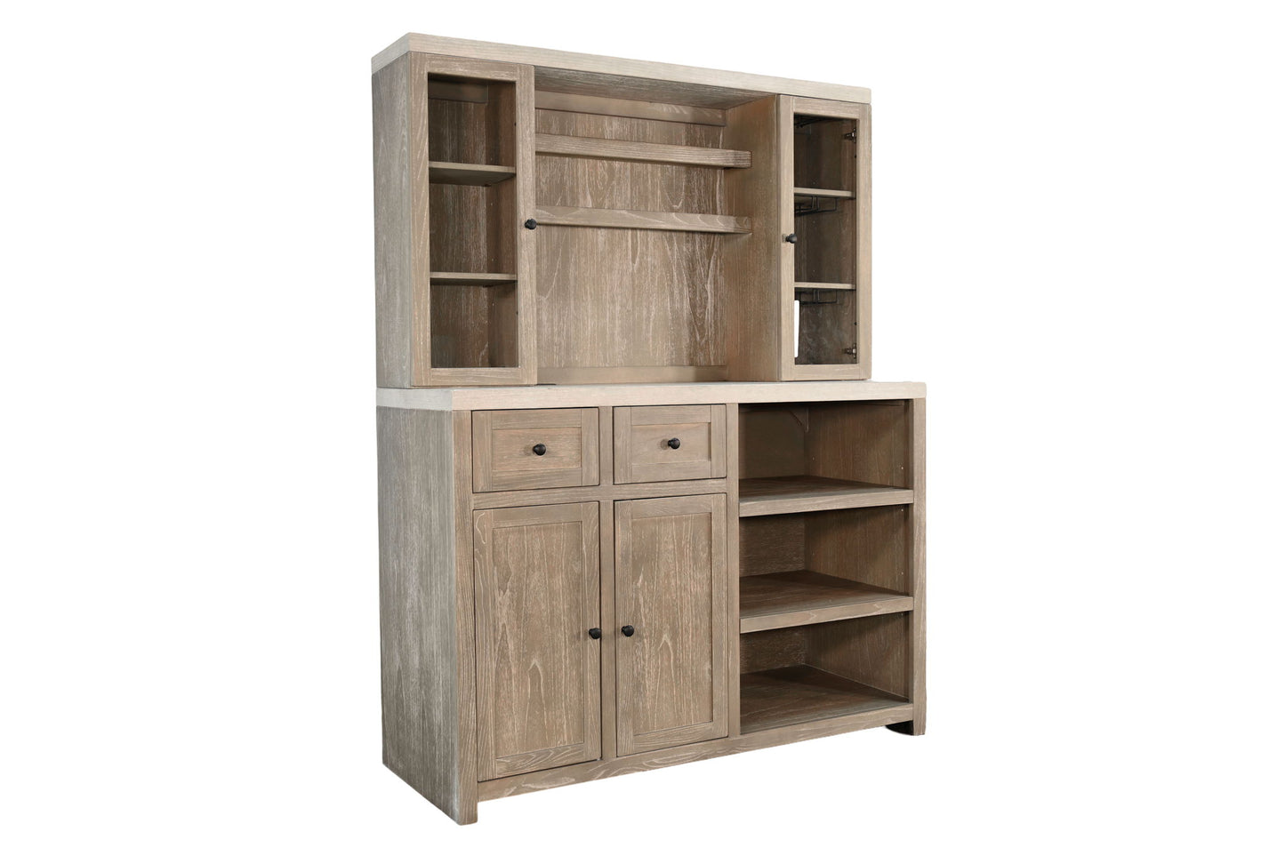 Rustic Wood Bar Cabinet With Hutch - Light Gray / Wheat