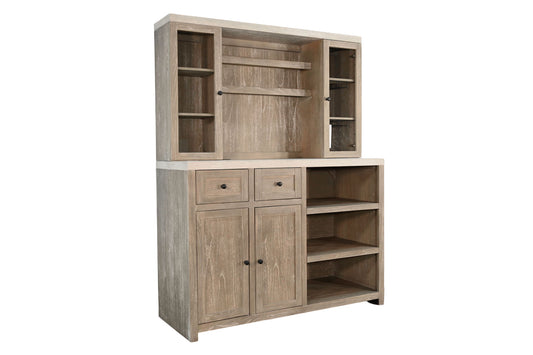 Rustic Wood Bar Cabinet With Hutch - Light Gray / Wheat
