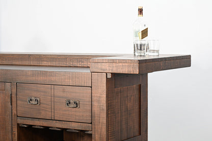 Traditional Wood Home Bar With Stools With Metal Back