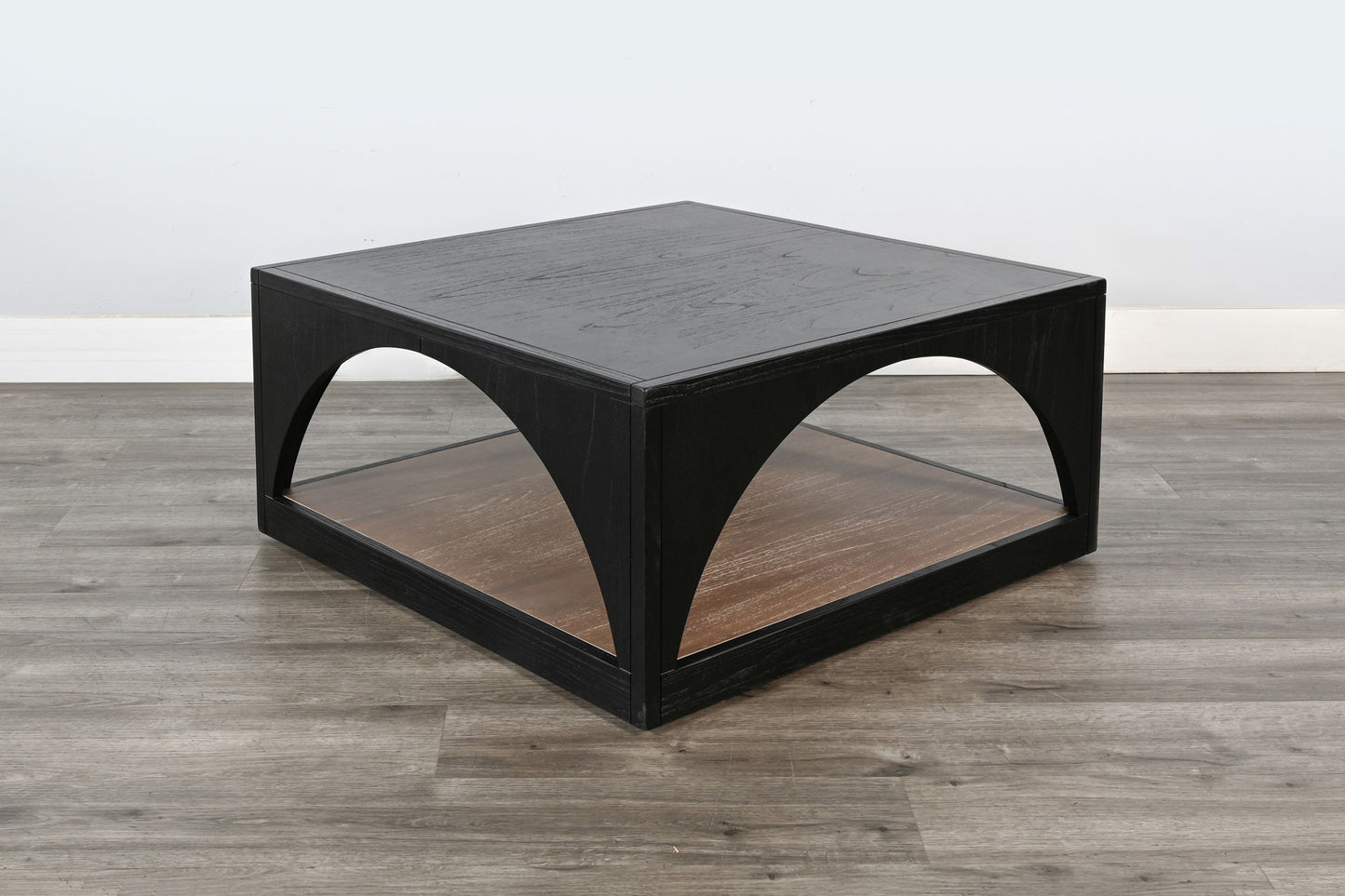 Modern Wood Coffee Table With Arched Open Shelf Design And Casters - Umbra / Oak Grove