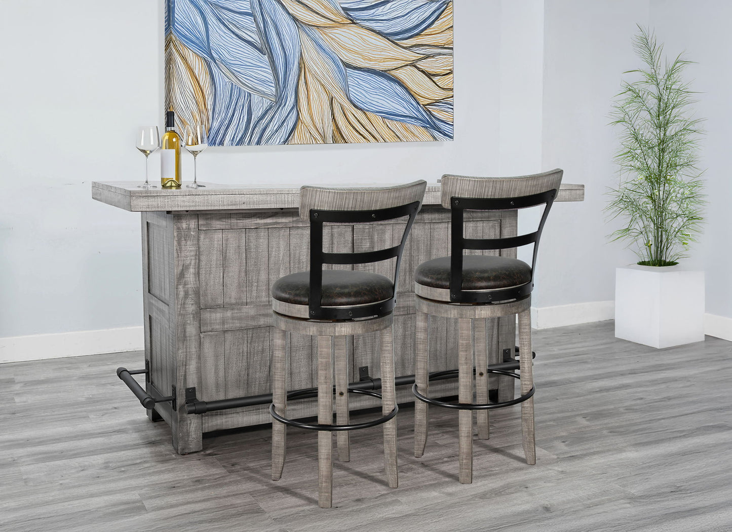 Traditional Wood Home Bar With Stools With Metal Back