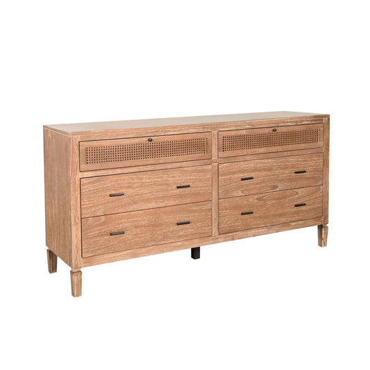 Natural Wood 6-Drawer Dresser With Rattan Accents