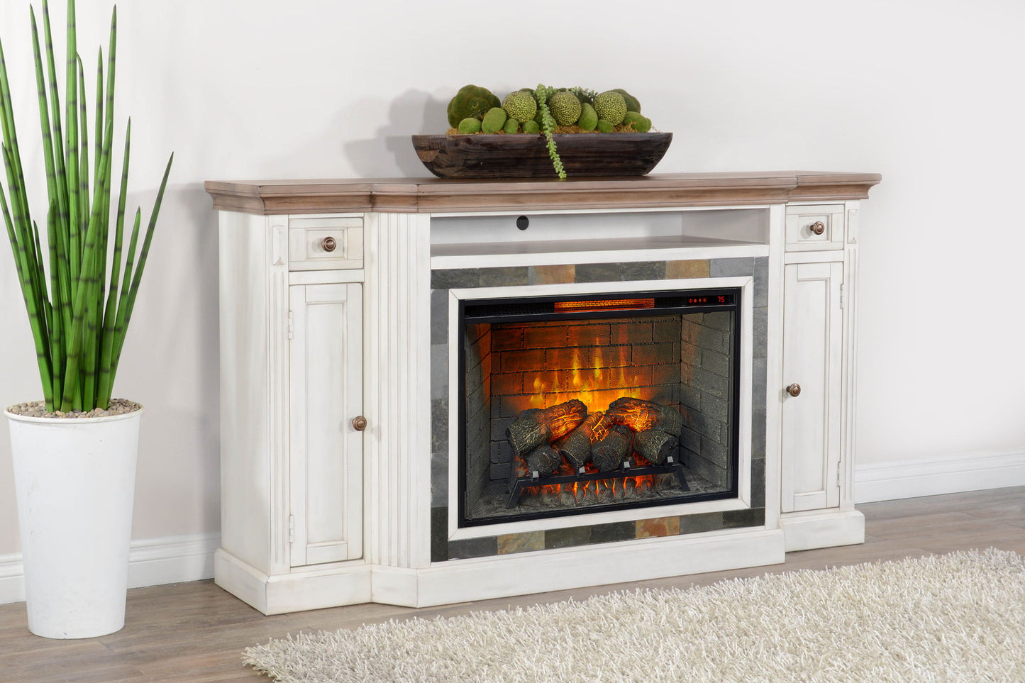 72" Media Console With Wood Electric Fireplace Insert - Marble White